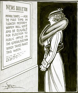 Viñeta política sobre el voto femenino en Turquía.