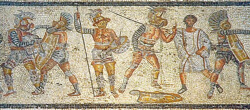 Fragmento del mosaico de Zliten hallado cerca de Leptis Magna, Libia