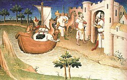 Representación de Marco Polo llegando a un puerto chino