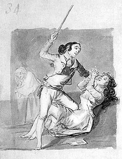 Representación artística clásica de una mujer maltratada con un bastón