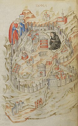 Un mapa medieval de Roma de un manuscrito del periodo que muestra a Roma como viuda