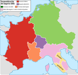 Mapa detallado de la partición territorial de Lotaringia en 959