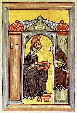 Ilustración medieval de la polímata Hildegarda de Bingen dictando a su escribiente.