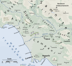 Mapa del norte de la Campania mostrando la ubicación de Casilinum y la zona de la batalla de Trifanum.