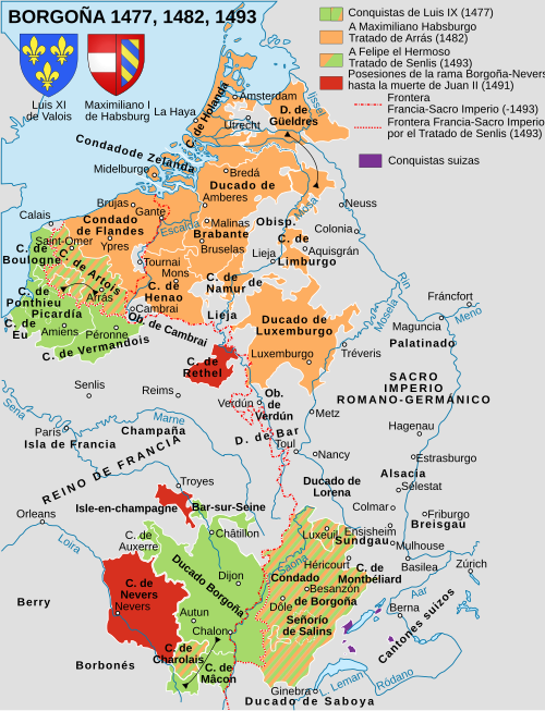 Mapa del reparto de tierras borgoñonas entre Francia y los Habsburgo