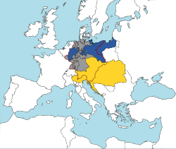 Europa central hacia 1820 mostrando Prusia, Austria y los estados alemanes independientes.