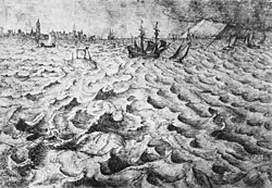 Huida en el mar con vista de Amberes, dibujo de Bruegel