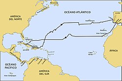 Mapa histórico del primer viaje de Cristóbal Colón.