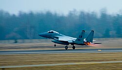 Caza F-15C Eagle estadounidense despegando desde la base de Šiauliai.