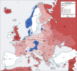 Mapa de los territorios de Europa bajo control nazi tras la muerte de Hitler.