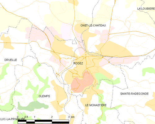 Mapa de la comuna de Rodez y su entorno