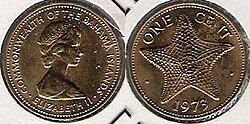 Moneda de un centavo del dólar bahameño acuñada en 1973