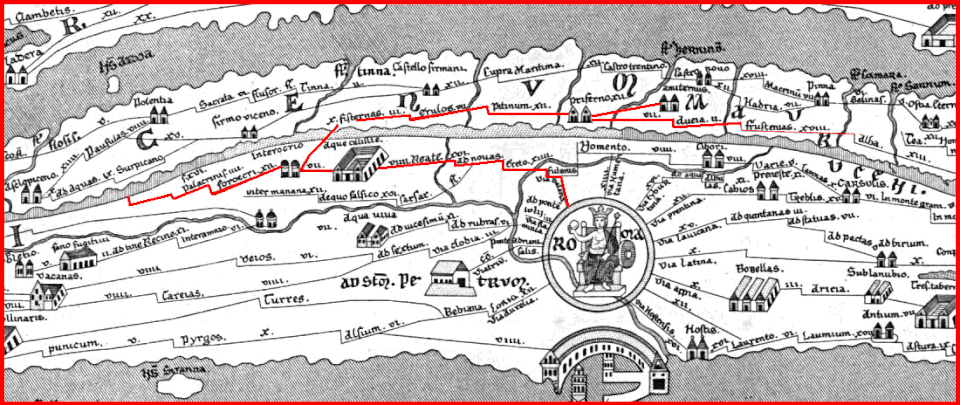Detalle cartográfico histórico de la Tabula Peutingeriana con la Vía Salaria
