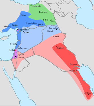 Mapa de las zonas de influencia según el Acuerdo Sykes-Picot