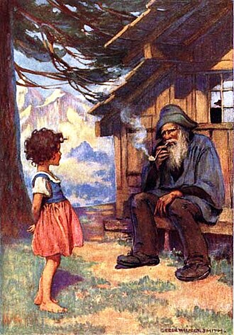 Heidi junto a su abuelo sentado en un entorno alpino