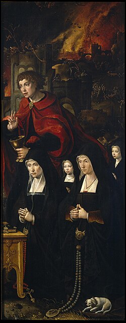 San Juan Evangelista con dos damas y dos niñas orantes