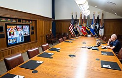 Joe Biden en una reunión con el Consejo de Seguridad Nacional de los Estados Unidos durante la caída de Kabul el 15 de agosto de 2021.