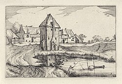 Torre sobre un río publicado por Claes Jansz. Visscher