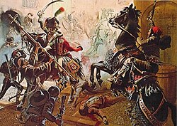 Ilustración de la carga de coraceros franceses contra la población