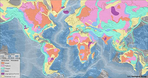 Provincias geológicas de la Tierra según el Servicio Geológico de Estados Unidos (USGS).