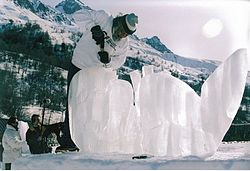 Escultor trabajando en una figura de nieve