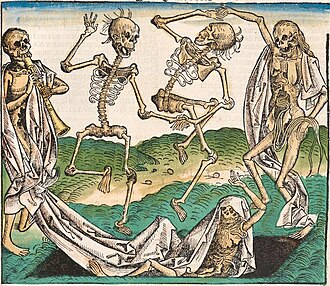 Grabado histórico de Michael Wolgemut que ilustra la Danza de la Muerte