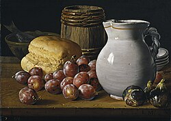 Bodegón con uvas, pan, higos, bebidas y pescado, obra de Luis Meléndez.