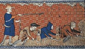 Ilustración de un reeve y siervos en la Inglaterra feudal alrededor de 1310.