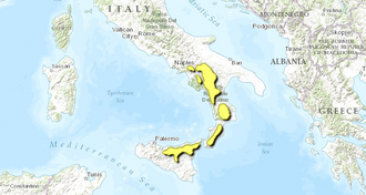 Representación cartográfica de la ecorregión en Italia.