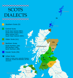 Mapa de distribución de los dialectos del escocés.