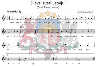 Partitura histórica del himno nacional de Letonia