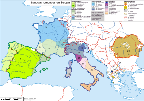 Mapa de lenguas románicas en Europa