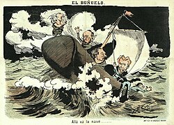 Caricatura titulada 'Allá va la nave', de 1881, mostrando a Cánovas del Castillo en la proa y a Francisco Romero Robledo en la popa.