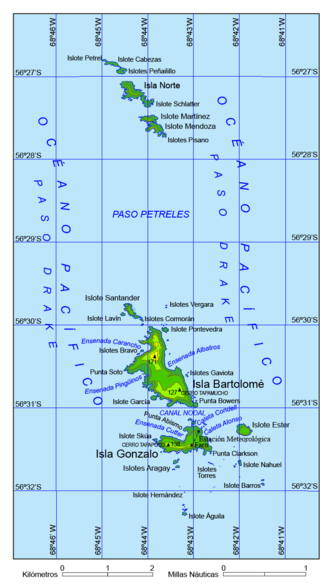Mapa de las islas Diego Ramírez señalando la posición exacta del islote Águila