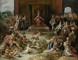 Representación alegórica de las abdicaciones de Bruselas realizada por Frans Francken el Joven alrededor de 1660.