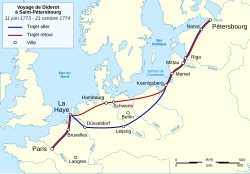 Mapa que ilustra el recorrido del viaje realizado por Denis Diderot desde París hasta San Petersburgo en 1773