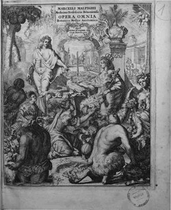 Ilustración y portada de Opera omnia de Marcello Malpighi
