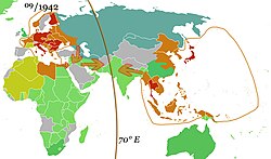 Mapa de las esferas de influencia directa alemana y japonesa en 1942