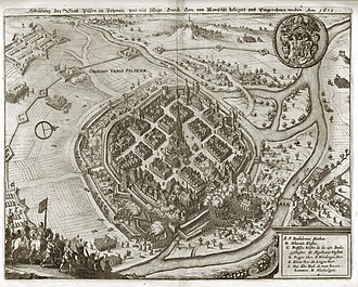 Representación histórica del asedio de Pilsen por Matthäus Merian