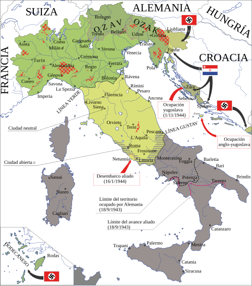 Mapa territorial de la RSI, frentes de guerra y zonas de ocupación