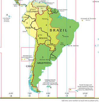 Mapa de América del Sur mostrando las zonas horarias en 2014