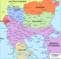Mapa de los Balcanes en 1912 antes de los conflictos