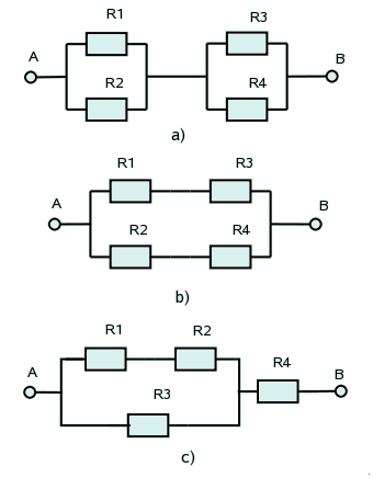 Ejemplos gráficos de asociaciones mixtas compuestas por cuatro resistencias.