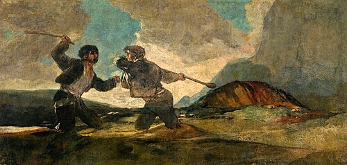 Representación pictórica de dos hombres enfrentados con garrotes en un paisaje desolado.