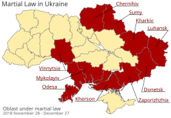 Mapa que ilustra la vigencia de la ley marcial en partes de Ucrania en 2018