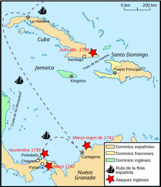 Mapa de operaciones británicas en el mar Caribe