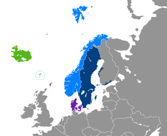 Representación de la región de distribución de las lenguas nórdicas en el norte de Europa.