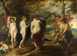 Pintura clásica de Rubens que representa el juicio de Paris ante las tres diosas