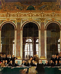 Firma del Tratado en la sala de los Espejos del palacio de Versalles el 28 de junio de 1919
