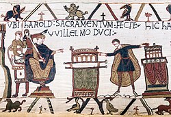 Tapiz de Bayeux - Escena 23: Harold hace juramento sobre las reliquias sagradas a Guillermo, duque de Normandía.